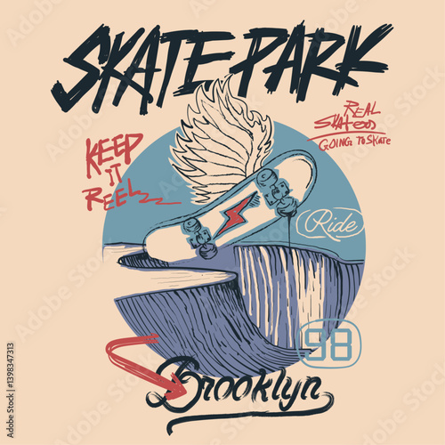 Skater with skateboard. text with .  skate prints. Skater with   text print design. boys graphics for urban skater print design. urban skate artwork. hand writing font.
