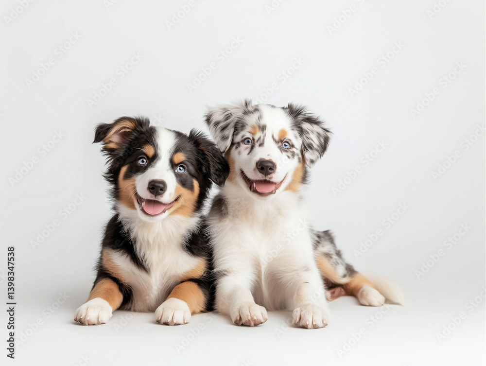 Playful Australian Shepherd puppies studio shot Playful Australian Shepherd puppies studio shot