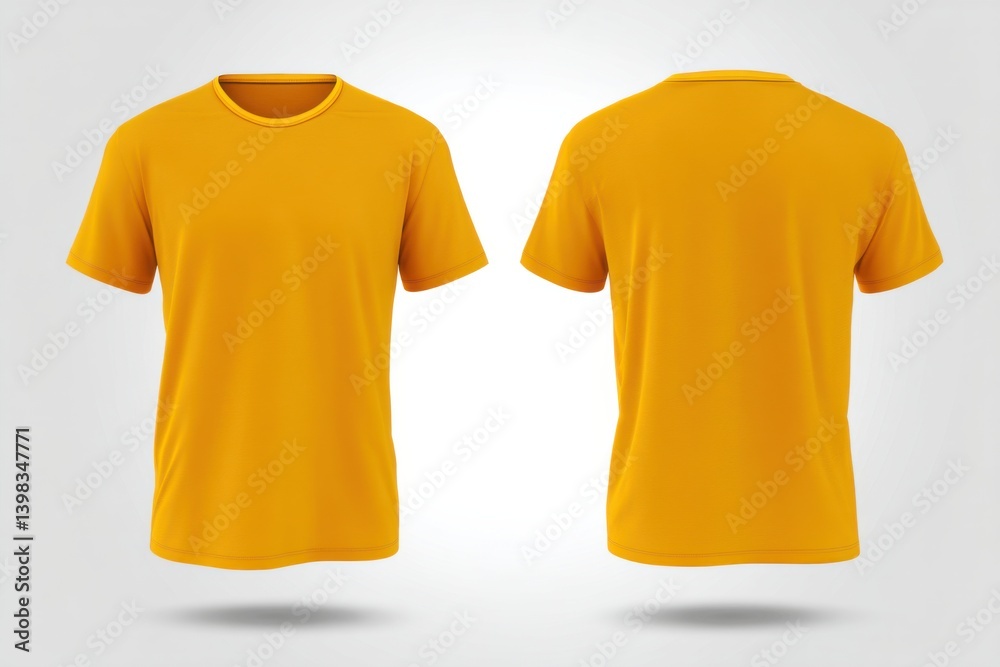 Fototapeta premium Two views of a vibrant golden yellow t-shirt on a neutral background. Simple style.