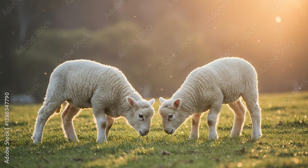 Naklejka premium Two Lambs Grazing on Green Grass at Sunset in a Field