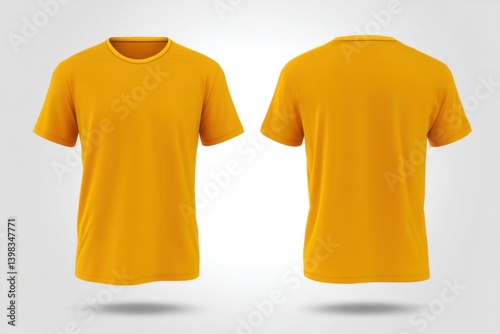 Two views of a vibrant golden yellow t-shirt on a neutral background. Simple style. photo