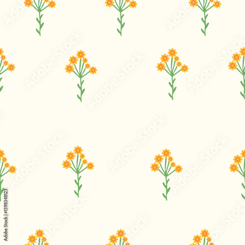 Seamless floral pattern with flower bouquets on a soft beige background. Hand-drawn simple blossoms with green leaves in a cute and minimal style.
