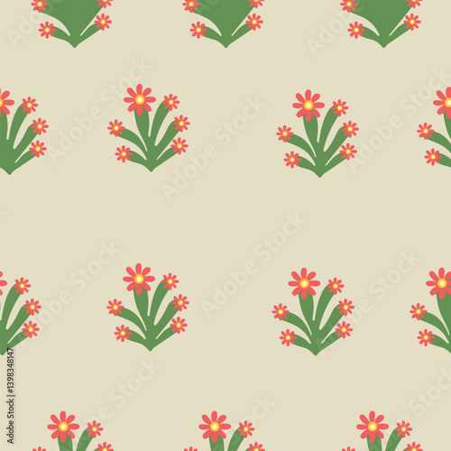 Seamless floral pattern with flower bouquets on a soft beige background. Hand-drawn simple blossoms with green leaves in a cute and minimal style.