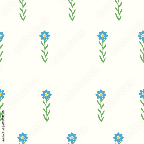 Seamless floral pattern with flower bouquets on a soft beige background. Hand-drawn simple blossoms with green leaves in a cute and minimal style.
