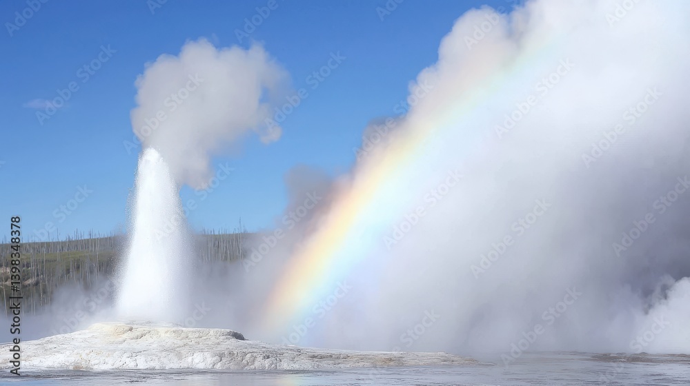 Fototapeta premium A majestic geyser erupts against a backdrop of clouds, emitting steam and creating a vibrant rainbow.