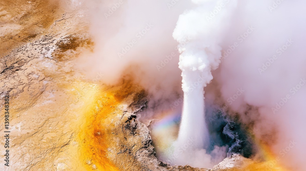Fototapeta premium A vibrant geothermal geyser erupts, sending steam and water high into the air, surrounded by colorful mineral deposits.