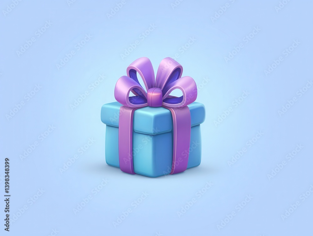 Obraz premium A cute blue gift box with a purple ribbon against a soft blue background, symbolizing celebration and surprise.