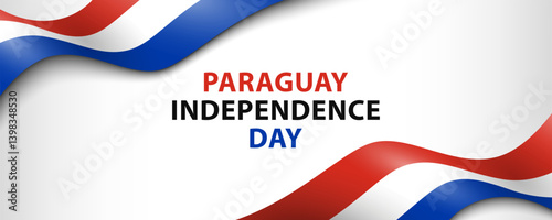 Text Paraguay Independence Day and Paraguayan flags as ribbons on white background, simple minimalist banner design.
