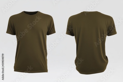 Olive drab t-shirt, shown in front and back views, isolated on white backdrop.