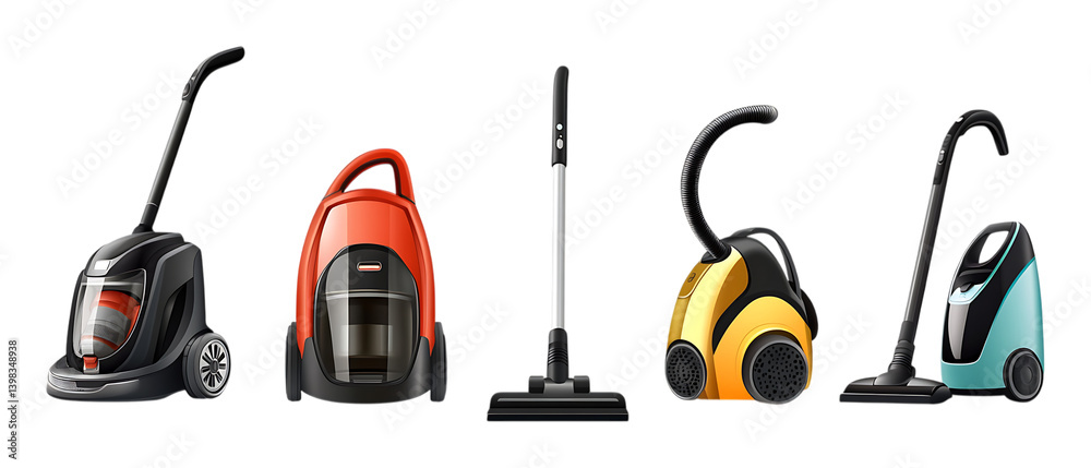 Fototapeta premium A collection of five various models of modern upright and canister vacuum cleaners are shown together isolated on transparent background.
