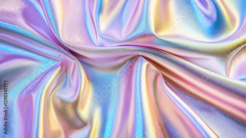 Iridescent fabric with shimmering rainbow colors and soft silky texture