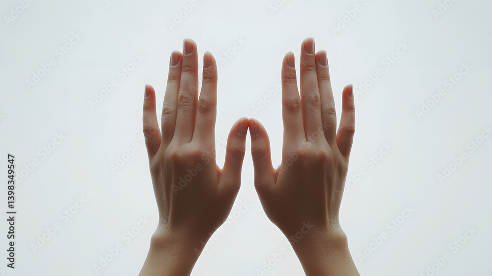 Two hands are held up against a bright white background. Fingers are slightly spread apart. Image evokes feelings of prayer, hope, or surrender. Two hands are held up against a bright white background. Fingers are slightly spread apart. Image evokes feelings of prayer, hope, or surrender.