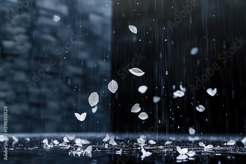 White petals falling in the rain, creating a serene and melancholic atmosphere.