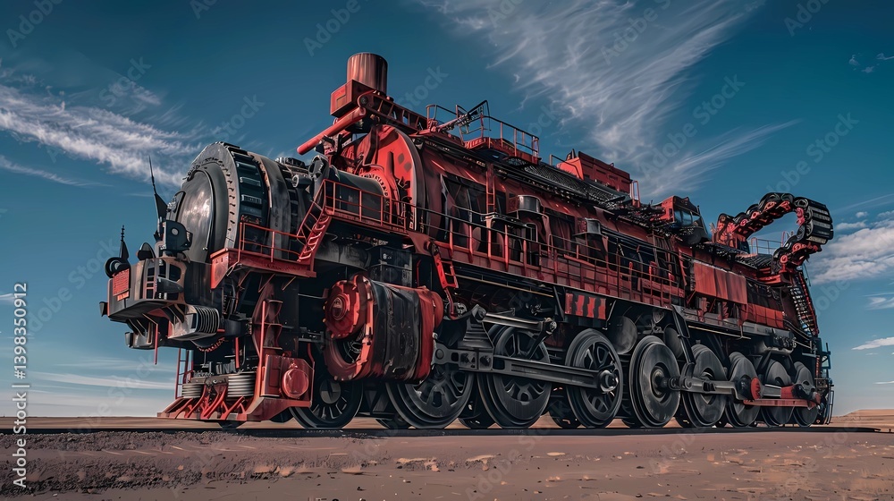 A massive red and black stealth steam engine under a clear sunny sky, Generative AI illustrations. A massive red and black stealth steam engine under a clear sunny sky, Generative AI illustrations.
