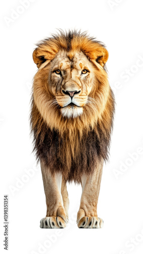 Majestic lion roaring savanna grasslands animal portrait natural habitat front view wildlife. Isolated on transparent background, png.