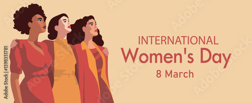 Vector banner of women of different cultures and nationalities standing together and looking up, symbol of friendship and unity. Women's day, gender equality, women's empowerment. For women's projects