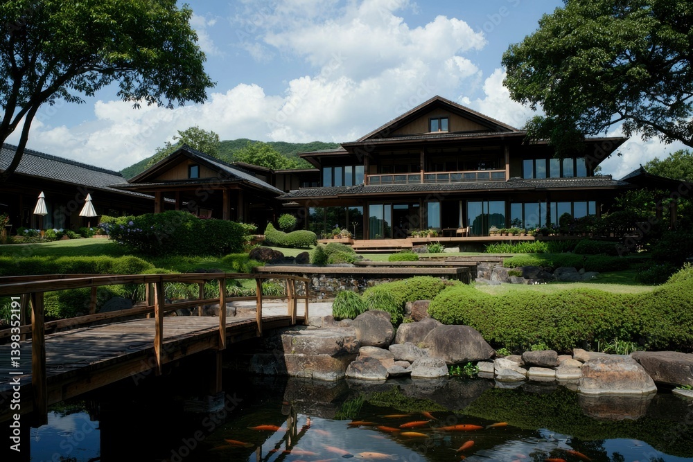 Japanese-style estate with pond and bridge Japanese-style estate with pond and bridge