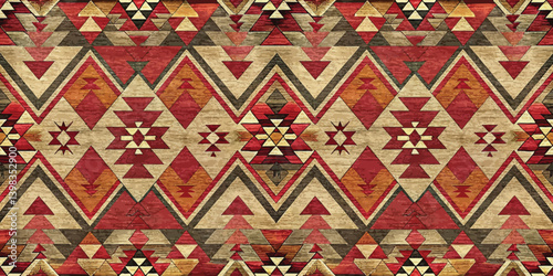 Colorful ethnic textile pattern featuring geometric shapes in warm tones.