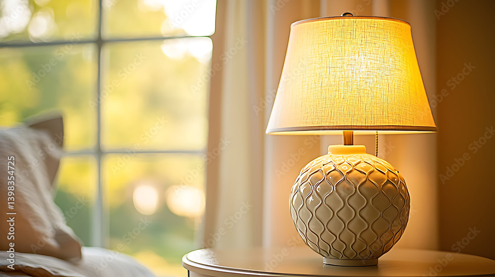 Illuminated bedside lamp casting a warm glow in a bedroom with a window providing natural light in the background.