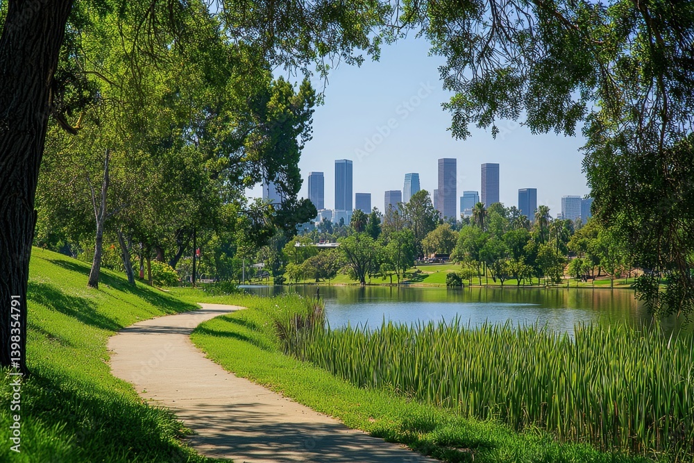 Fototapeta premium A view of the city skyline from a walking path in Franklin Lake Park, Los Angeles The park features green trees and grass near a pond, with a clear sky overhead Generative AI