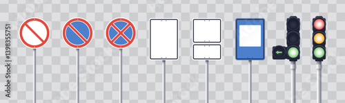Blank traffic signs. Traffic light. Road signs set isolated. Priority, warning, prohibition, mandatory, information, service and supplementary signs. Vector illustration. Empty.