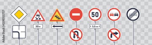 Traffic signs. International road signs set isolated on white background. Priority, warning, prohibition, information and supplementary signs. Vector illustration.