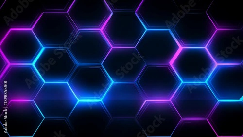 Glowing hexagon grid pattern with neon blue and pink lights on dark background