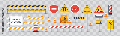 Traffic signs and barriers. International road signs set isolated on white background. Priority signs. Vector illustration. Stop, no entry, road closed, road works, bypass road, cones and signs.