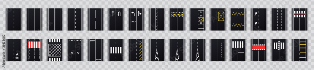 Road marking set isolated. Vector illustration. Top view, view from above. City street map collection. Roundabout, crossroads. Asphalt seamless highway elements constructor.