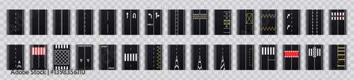 Road marking set isolated. Vector illustration. Top view, view from above. City street map collection. Roundabout, crossroads. Asphalt seamless highway elements constructor.