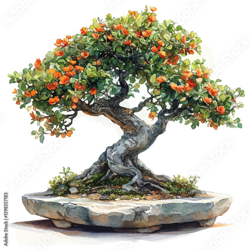 Hornbeam Bonsai, watercolor illustration, isolated on a white background.


