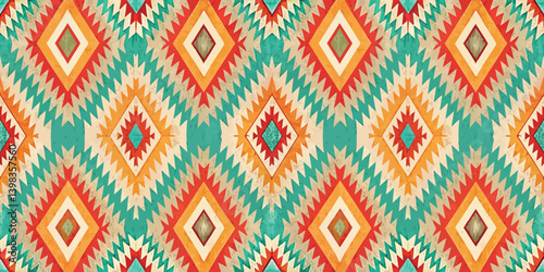 Colorful geometric pattern with vibrant red, orange, and teal hues.