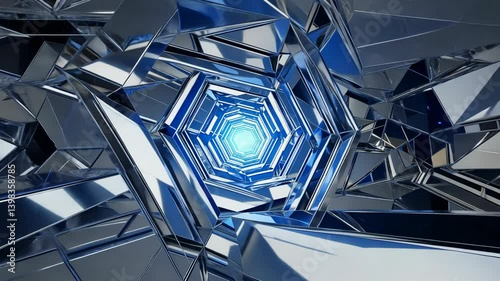 Captivating abstract futuristic chrome tunnel with glowing blue light at the end, geometrical and polygonal shapes, perspective.