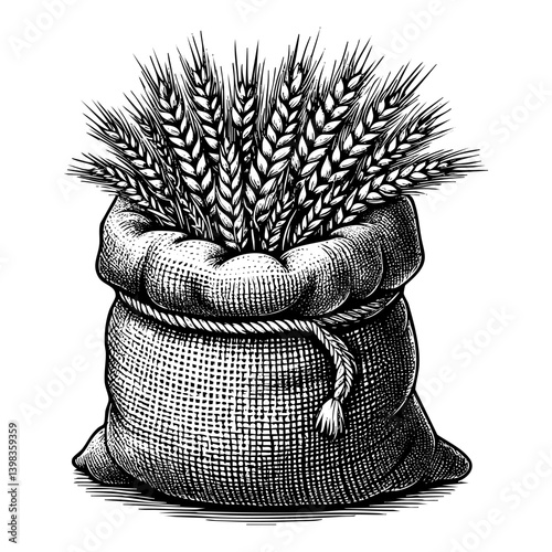 Sack of wheat sketch engraving black and white outline. Scratch board imitation.
