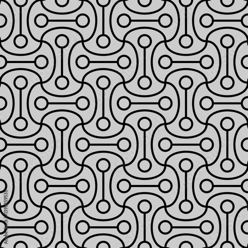 This seamless pattern is a monochrome version of the geometric circuit-inspired design from earlier. Repeating units featuring mirrored dumbbell or barbell-like forms