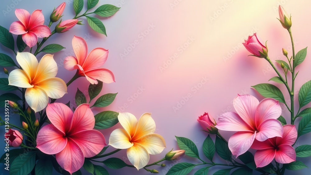 Obraz premium A Delicate Arrangement of Vibrant Pink and Yellow Flowers with Lush Green Foliage on a Soft Pink Background