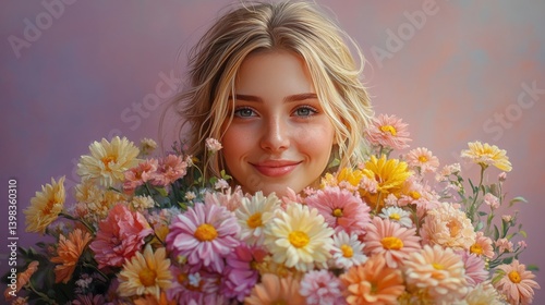 Smiling Young Woman with Blonde Hair Surrounded by a Lush Bouquet Flowers on a Soft Lilac Background
