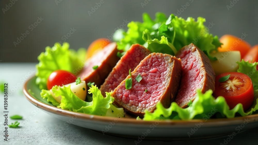 A vibrant and delicious salad featuring succulent slices of seared meat, nestled amongst crisp lettuce, juicy cherry tomatoes, and subtly seasoned potato slices.