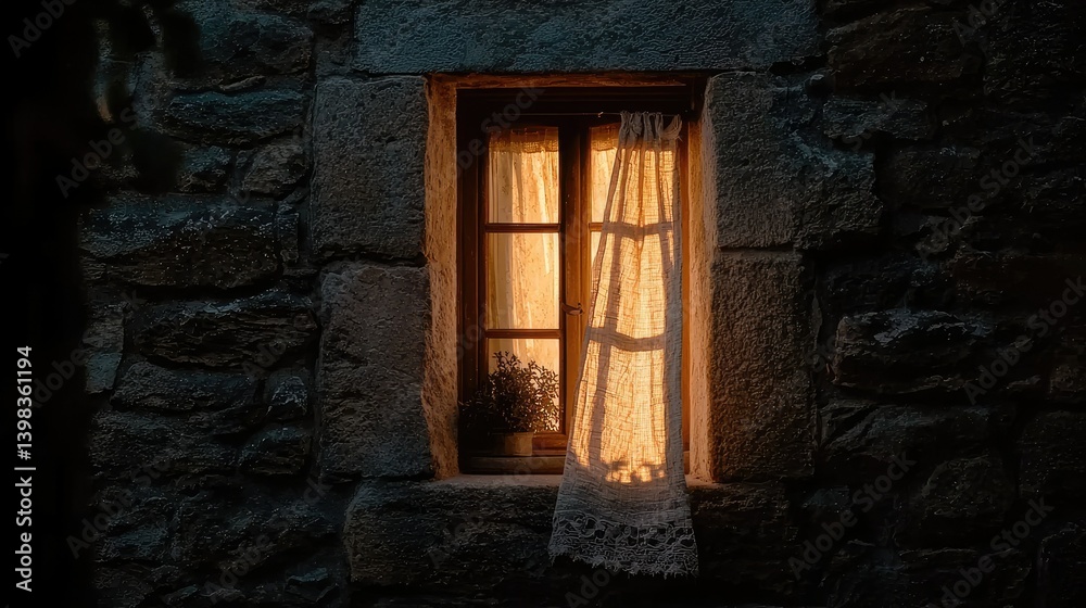 A lit window framed by stones inside a stone wall building A lit window framed by stones inside a stone wall building