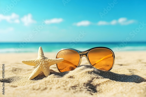 Sun-drenched beach scene with sunglasses and starfish.