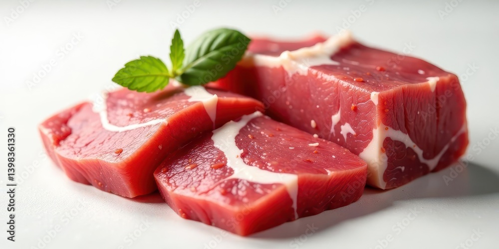 Aromatic Slices of Freshly Cut Red Meat Garnished with a Sprig of Green Herb on a White Surface Aromatic Slices of Freshly Cut Red Meat Garnished with a Sprig of Green Herb on a White Surface