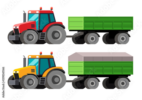 Farm tractor towing green utility tipper trailer. The illustration has a modern, vector-style look with bold colors. The background is plain white