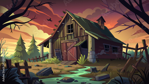A dilapidated barn with creaking wood and strange shadows at dusk.