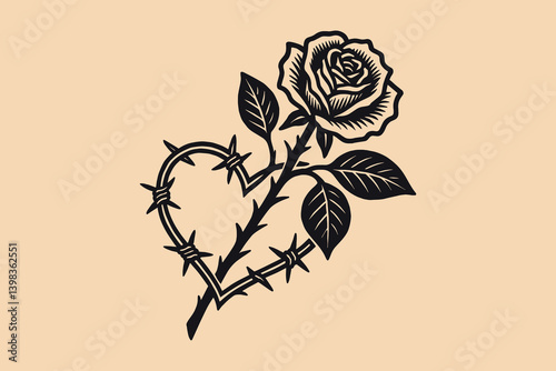 Black rose with barbed wire heart in bold engraving style