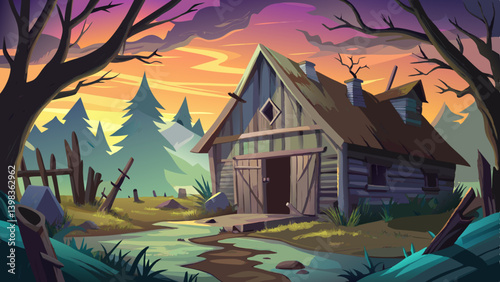 A dilapidated barn with creaking wood and strange shadows at dusk.