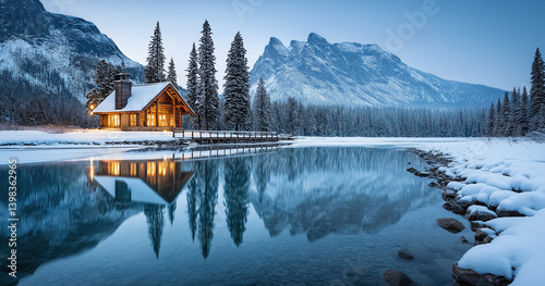 Snowy Cabin Retreat, Mountain Lake, Winter Wonderland