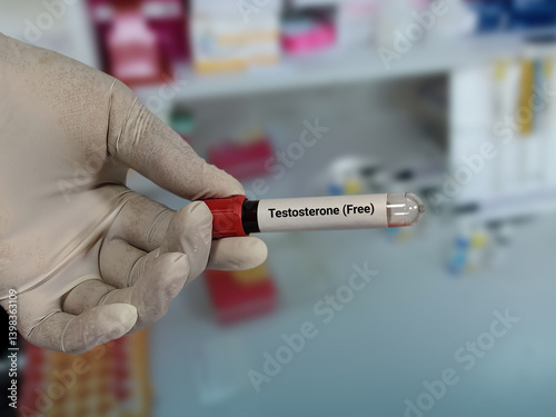 Doctor hold blood sample for Testosterone (Free) test with laboratory background.
