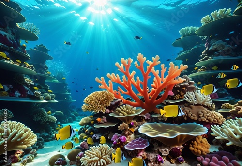 Underwater world, corals with living inhabitants, fish 