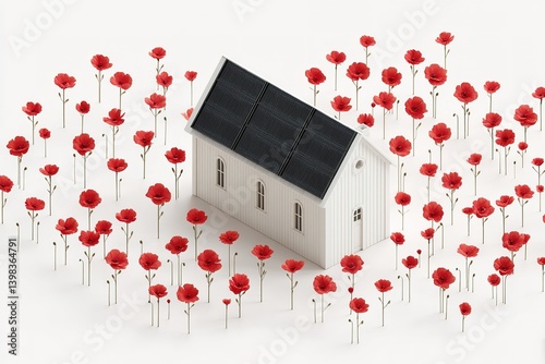 White house surrounded by vibrant red poppy flowers in a minimalist setting with solar panels