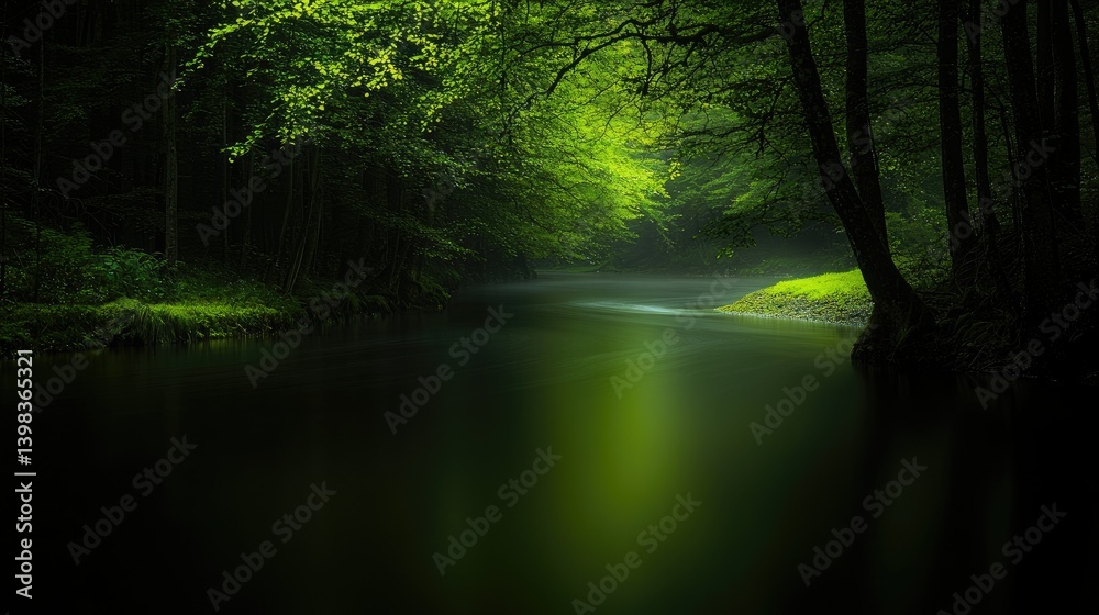 A serene and tranquil river winds through a lush green forest A serene and tranquil river winds through a lush green forest